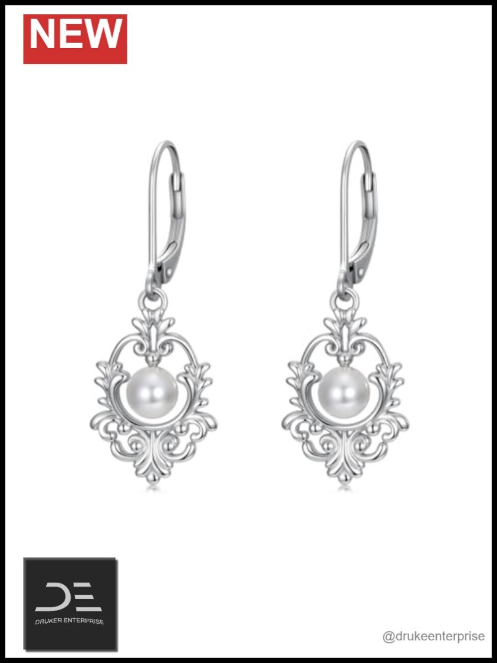 925 Sterling Silver Pearl Dangle Earrings Leverback Vintage Filigree Drop